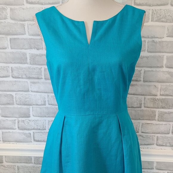 Kate Spade Linen Blend Turquoise Teal Short Sleeve Low Back Dress Old Money sz 8 - Picture 2 of 10